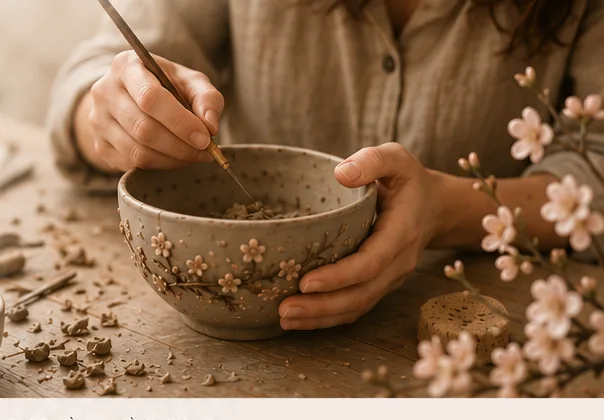 Mains d'Aurélie façonnant un bol en faïence orné de fleurs de cerisier
